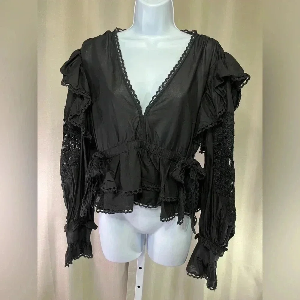 Farm Rio Black Lace Sleeve Ruffled Blouse (Size S) - Picture 1 of 13
